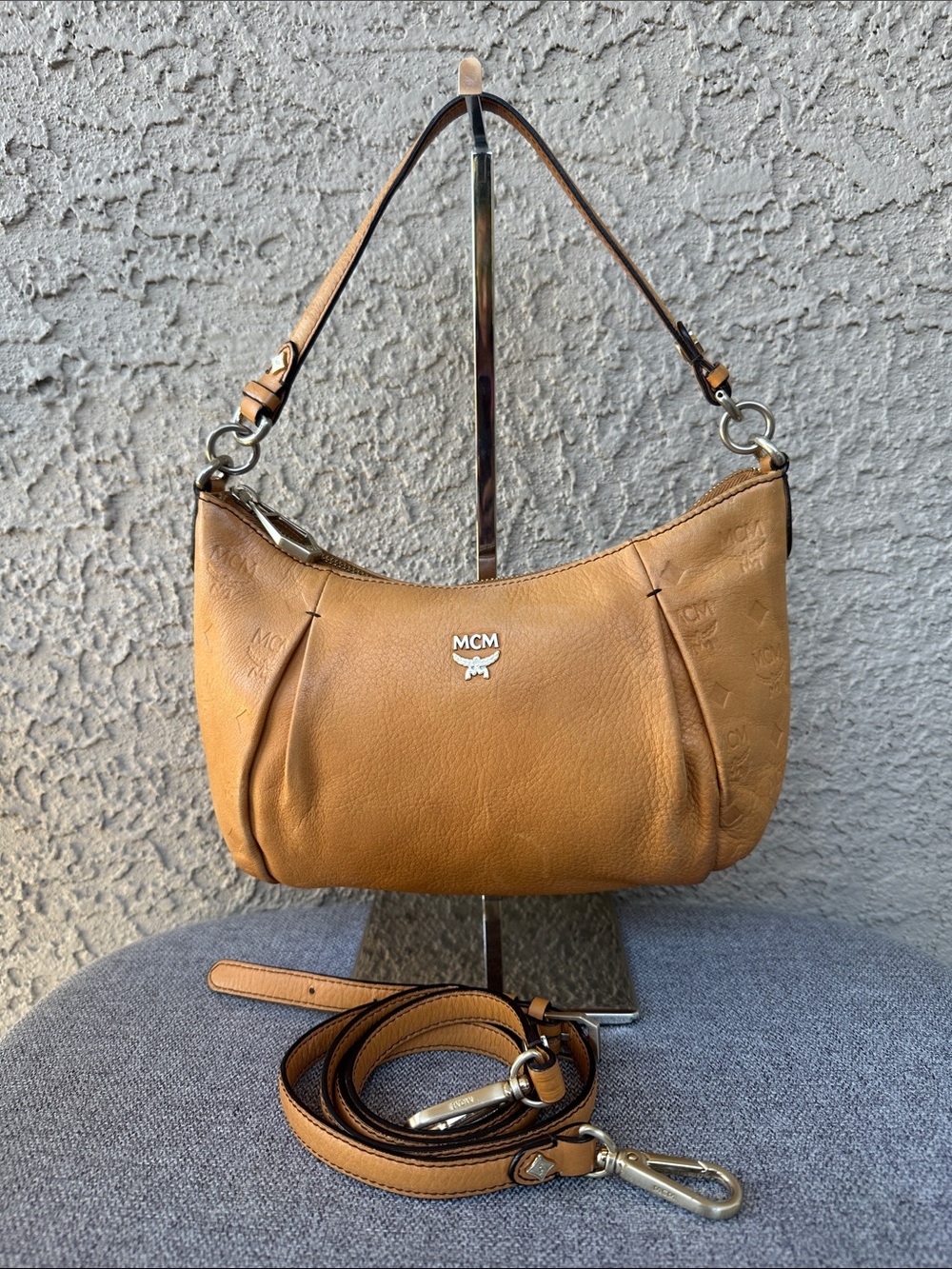 MCM Cognac Leather Shoulder Bag with Removable Strap
